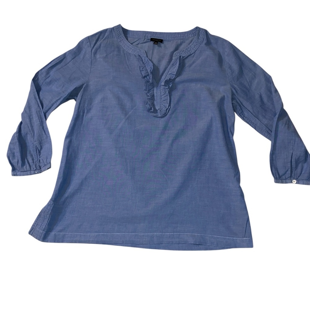 Talbots Top Women's Blue Ruffle Collar 3/4 Sleeve Size Medium 100% Cotton